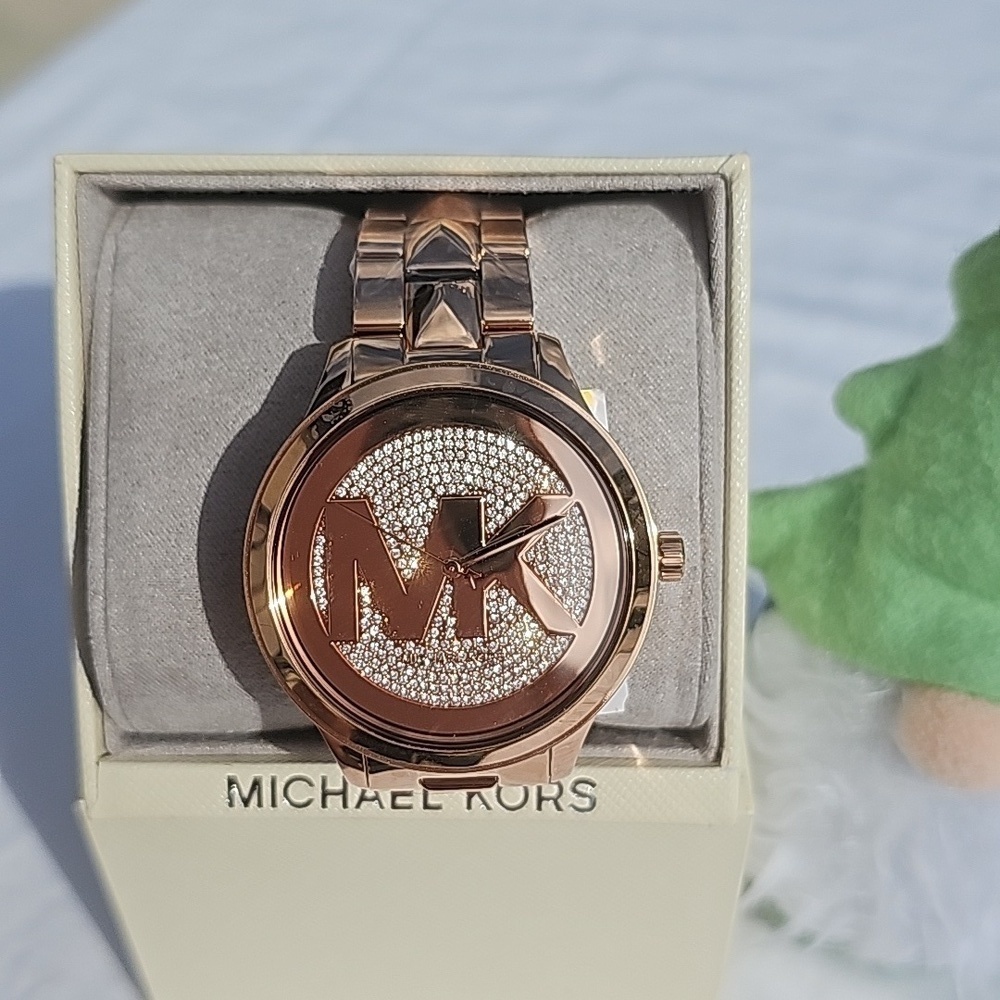 MICHAEL KORS ROSE GOLD RUNWAY MERCER RHINESTONE BEZEL 44mm QUARTZ WATCH - Picture 2 of 4